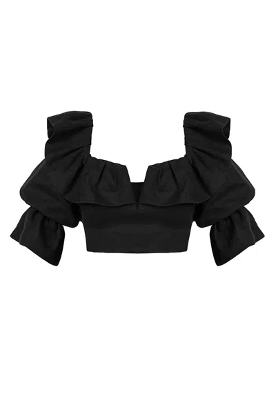 Cliche Reborn Women's Linen Off Shoulder Frill Crop Top In Black