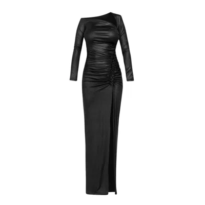 Cliche Reborn Women's Maxi Asymmetric Long Sleeve Dress With Ruched Detail In Black