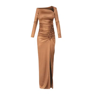Cliche Reborn Women's Maxi Asymmetric Long Sleeve Dress With Ruched Detail In Brown