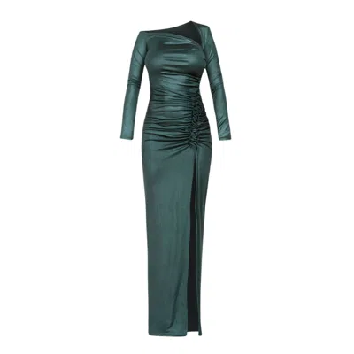 Cliche Reborn Women's Maxi Asymmetric Long Sleeve Dress With Ruched Detail In Green