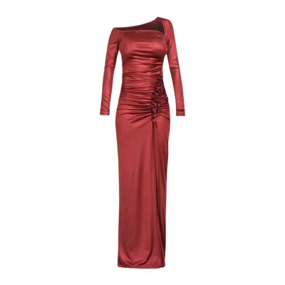 Cliche Reborn Women's Maxi Asymmetric Long Sleeve Dress With Ruched Detail In Red