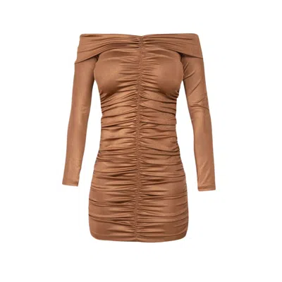 Cliche Reborn Women's Mini Off Shoulder Ruched Dress In Brown