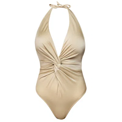 Cliche Reborn Women's One Piece Plunge Neck Swimsuit With Twist In Gold