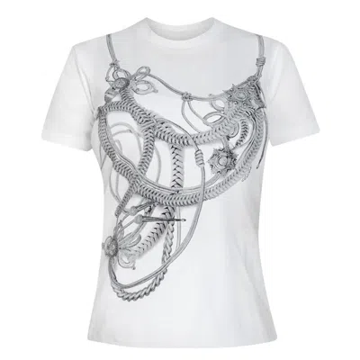 Cliche Reborn Women's White Oversized Print T-shirt Silver Chains