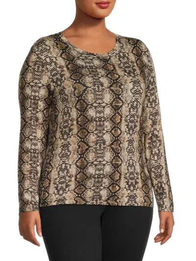 Cliché Women's Plus Windowpane Long Sleeve Top In Brown Snake