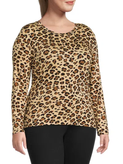 Cliché Women's Plus Windowpane Long Sleeve Top In Leopard Brown