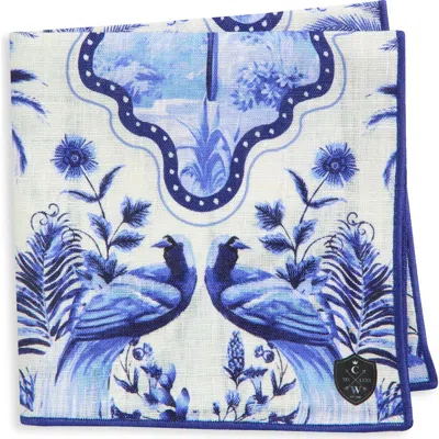 Clifton Wilson Blue & White Palms Linen Pocket Square