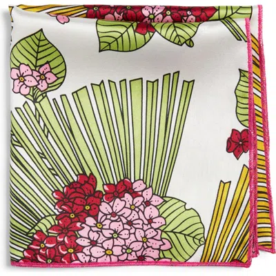 Clifton Wilson Lime & Maroon Floral Silk Pocket Square In White