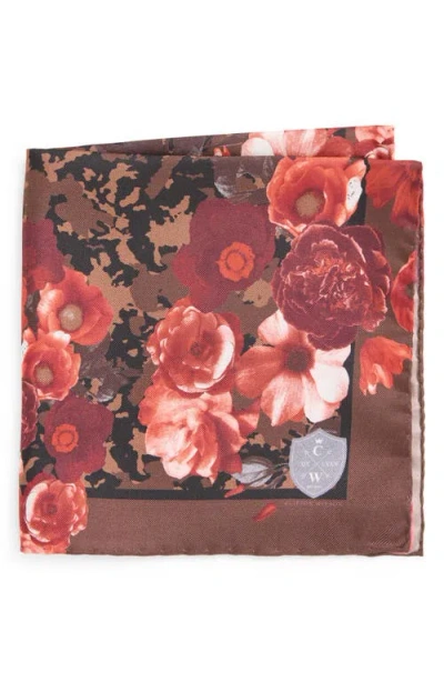 Clifton Wilson Red & Brown Floral Silk Pocket Square