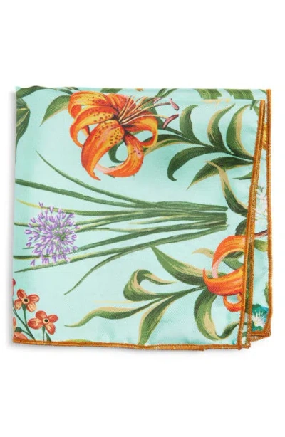 Clifton Wilson Teal & Olive Floral Silk Pocket Square In Green