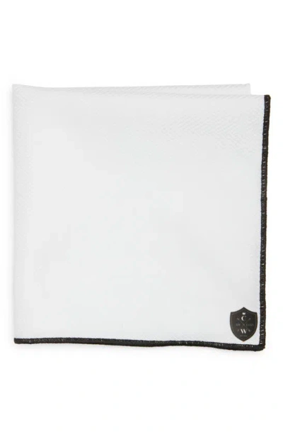 Clifton Wilson White Cotton Herringbone Pocket Square With Black Trim