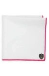Clifton Wilson White Cotton Herringbone Pocket Square With Fuchsia Trim In Fuchsia