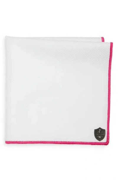 Clifton Wilson White Cotton Herringbone Pocket Square With Fuchsia Trim