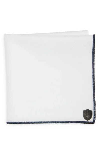 Clifton Wilson White Cotton Herringbone Pocket Square With Navy Trim