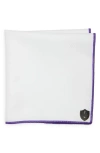 CLIFTON WILSON WHITE COTTON HERRINGBONE POCKET SQUARE WITH PURPLE TRIM