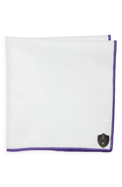 Clifton Wilson White Cotton Herringbone Pocket Square With Purple Trim