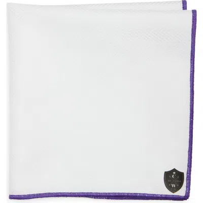 Clifton Wilson White Cotton Herringbone Pocket Square With Purple Trim In White/purple