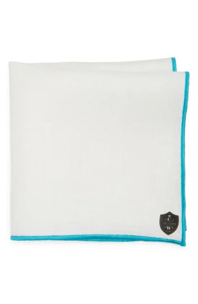 Clifton Wilson White Linen Pocket Square With Aqua Trim