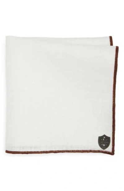 Clifton Wilson White Linen Pocket Square With Brown Trim