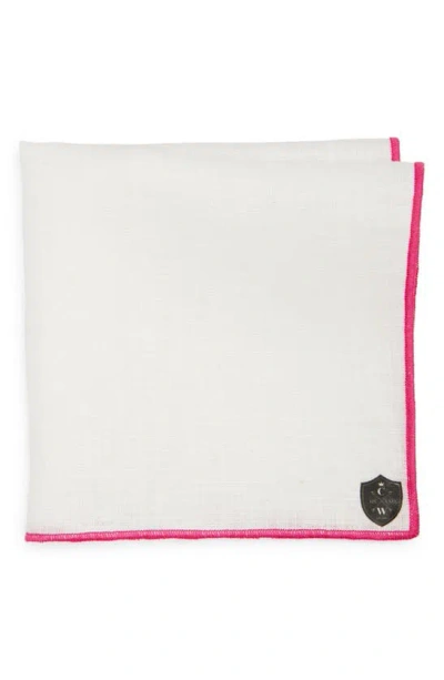 Clifton Wilson White Linen Pocket Square With Fuchsia Trim