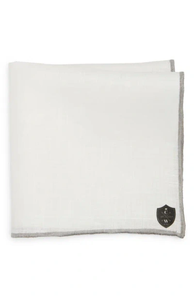 Clifton Wilson White Linen Pocket Square With Grey Trim In Gray