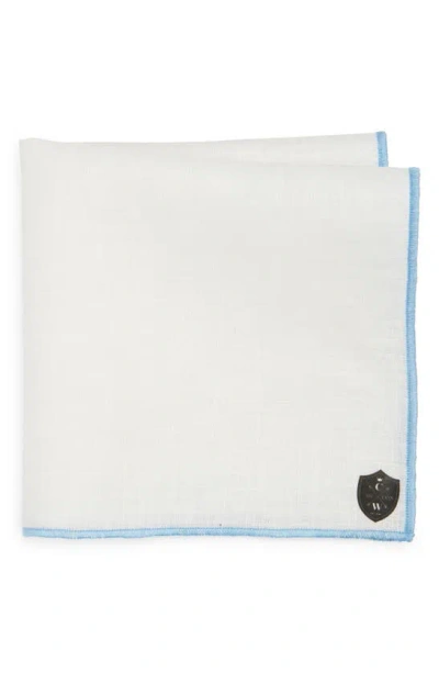 Clifton Wilson White Linen Pocket Square With Light Blue Trim