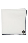 CLIFTON WILSON WHITE LINEN POCKET SQUARE WITH NAVY TRIM