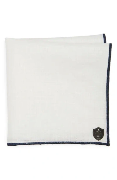 Clifton Wilson White Linen Pocket Square With Navy Trim