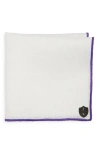 CLIFTON WILSON WHITE LINEN POCKET SQUARE WITH PURPLE TRIM