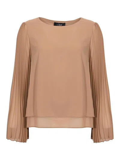 Clips Tunic Blouse In Hazelnut Pleated Fabric In Brown