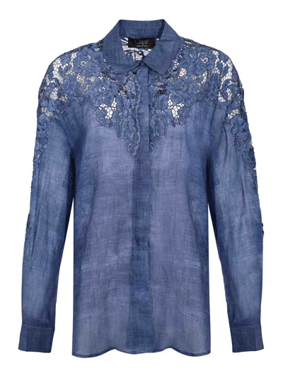 Clips Perforated Ramie Shirt With Floral Details In Blue