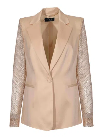 Clips Crepe Jacket With Sequined Mesh Sleeves In Brown