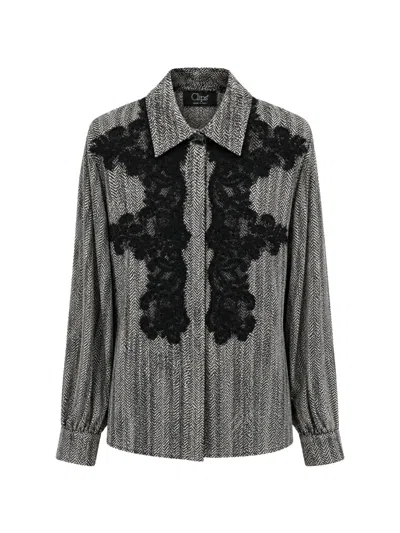 Clips Lace-appliqué Herringbone-pattern Shirt In Gray