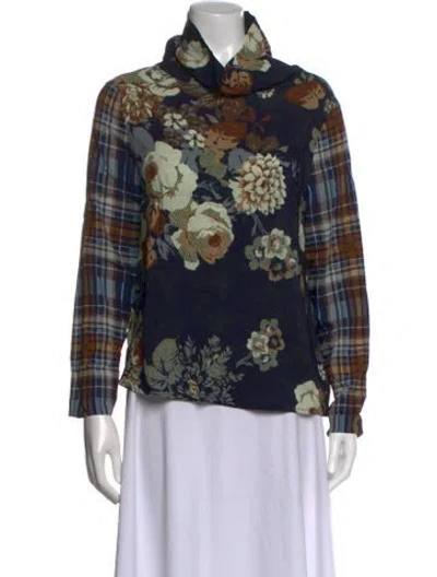 Pre-owned Clips Patterned Long Sleeve Top In Blue