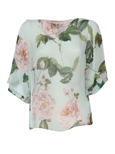 Clips Rose-print Batwing-sleeved Top In Blue