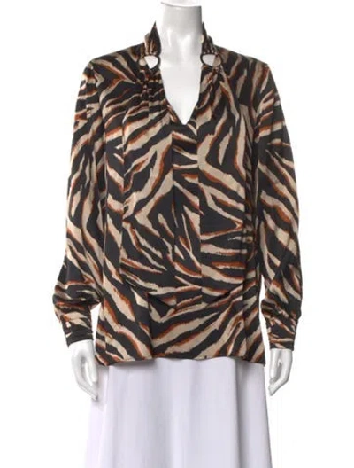 Pre-owned Clips Silk Animal Print Button-up Top In Black