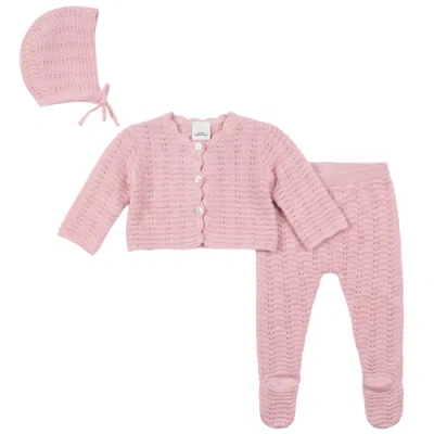 Clo Babies' Clô 3 Piece Organic Cotton Knit Cardigan, Leggings, And Hat Set In Pink