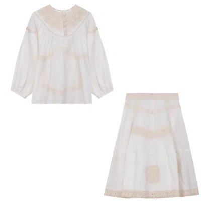 Clo Kids' Clô Cotton Lace 3/4 Sleeved Top And Skirt In White