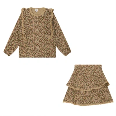 Clo Kids' Clô Cotton Woven Long Sleeve Top And Skirt In Brown