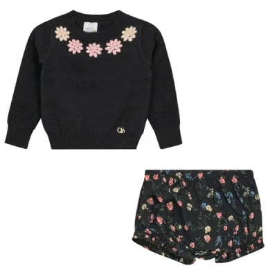 Clo Babies' Clô Flower Embroidered 2 Piece Long Sleeve Top And Bottom Set In Black