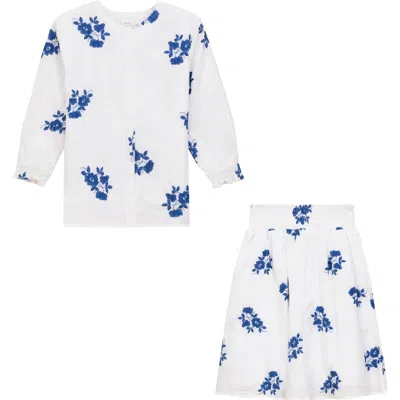 Clo Kids' Clô Flower Embroidered Cotton 2 Piece Long Sleeve Top And Skirt Set In Multi