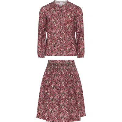 Clo Kids' Clô Flower Print Lace Skirt Set, Collared Button Top And A-line Skirt In Burgundy