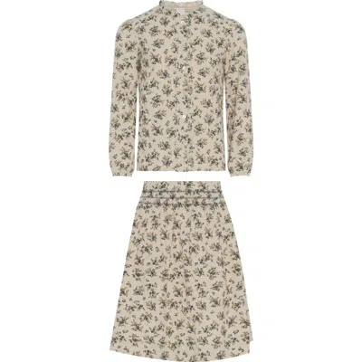 Clo Kids' Clô Flower Print Lace Skirt Set, Collared Button Top And A-line Skirt In Neutral