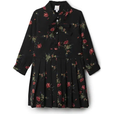 Clo Kids' Clô Long Sleeve Woven Rose Print Dress In Black