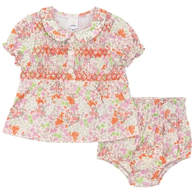 Clo Babies' Clô Multi Flower Print With Front Smocking Top And Bloomer Set In Orange