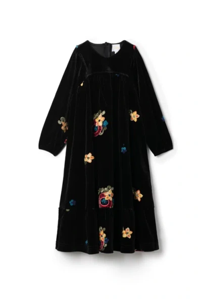 Clo Kids' Clô Velour Maxi Robe With Floral Embroidery And Back Zipper In Black