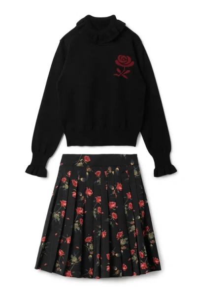 Clo Kids' Clô Woven Print Knit Set With Turtleneck And A-line Skirt In Black