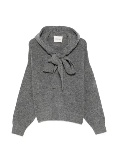 Closed Bow-detail Knitted Hoodie In Gray