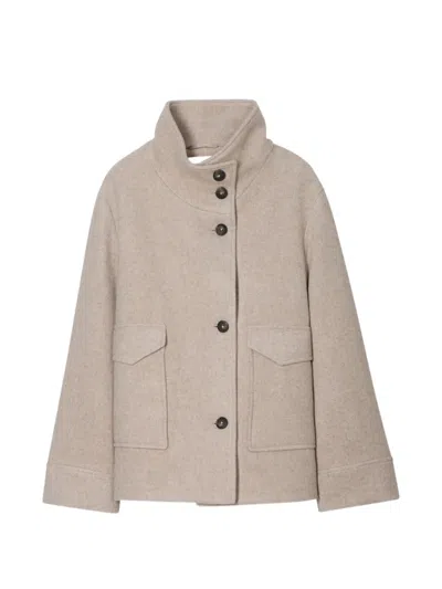Closed Button-fastening Funnel-neck Jacket In Gray