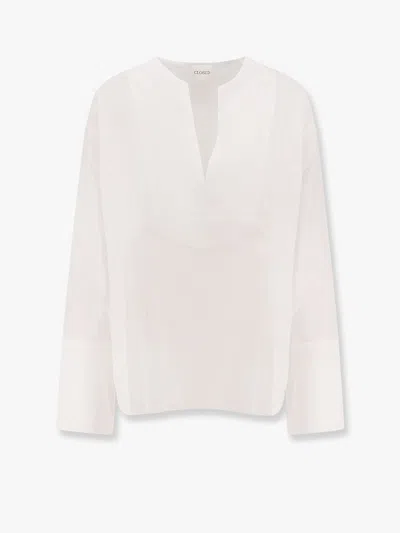 Closed Cotton Striped Shirt With Rounded Collar In White